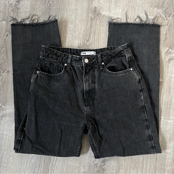 Zara Denim - ZARA Womens Wide Leg High Rise Jeans 6 Gray Black Raw Hem Lyocell Cotton